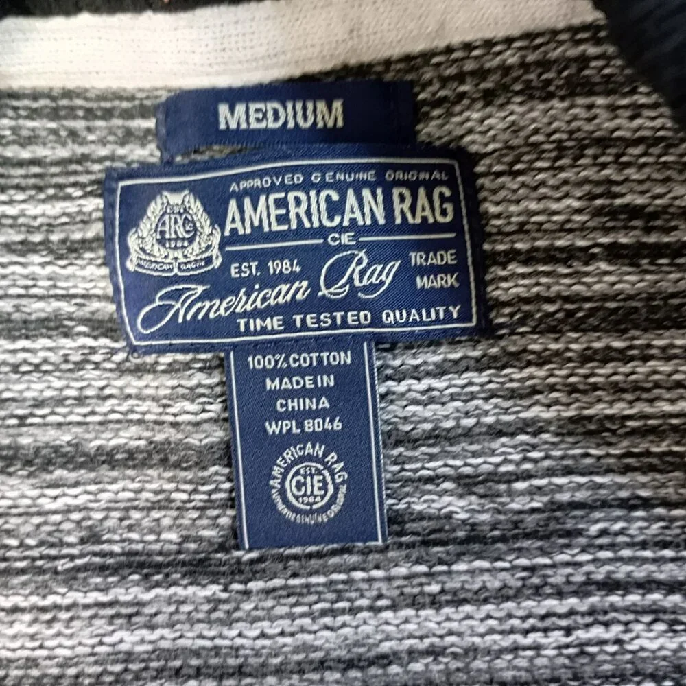 American Rag Jacket Medium Gray & Black Striped Cotton Full-Zip Ribbed Cuffs Hem - Picture 2 of 10